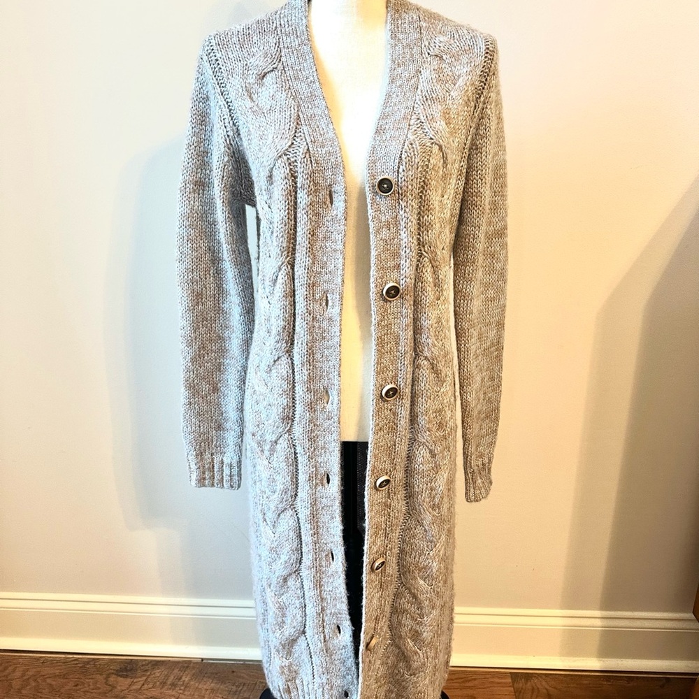 CAbi Light Gray Gold Cable Knit Cardigan